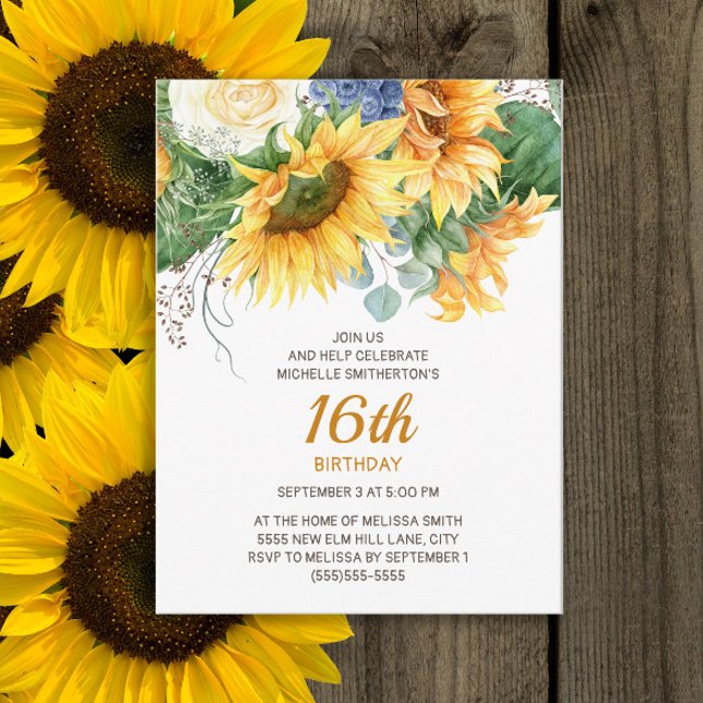 Cartão Postal Girassóis personalizados Eucalyptus 16.o aniversár (Sunflowers and eucalyptus 16th birthday party postcard invitation)