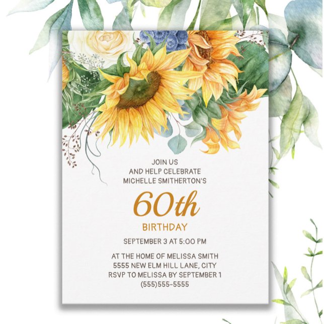 Cartão Postal Girassóis Personalizados Eucalyptus 60º Aniversári (Sunflowers and eucalyptus 60th birthday invitation)