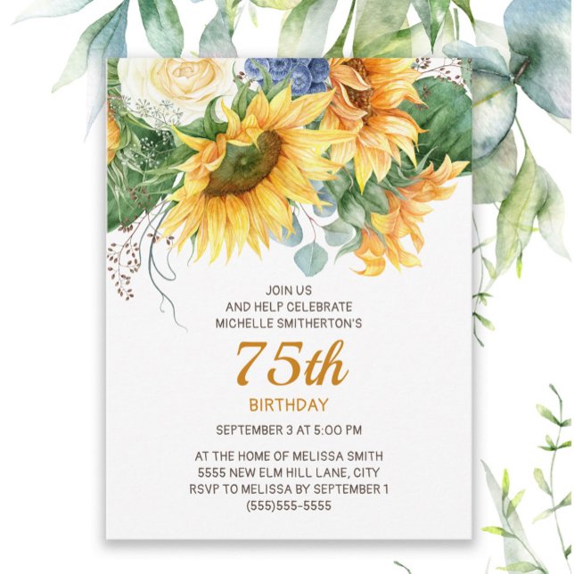 Cartão Postal Girassóis personalizados Eucalyptus 75.o aniversár (Sunflowers and eucalyptus women's 75th birthday invitation)