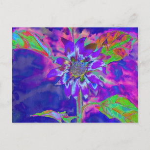 Cartão Postal Girassol azul roxo abstrato retrô divertido e fu