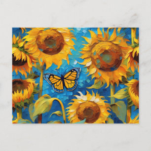 Cartão Postal Girassol Com Borboleta