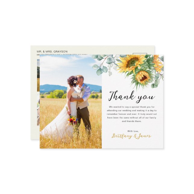 Cartão Postal Girassol Eucalipto 4 Fotos Casamento Obrigado (Frente/Verso In Situ)