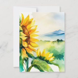 Cartão Postal Girassol, paisagem natural, arte em aquarela, flor