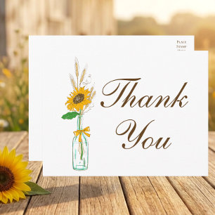 Cartão Postal Girassol Rústico Obrigado Floral Amarelo Casamento