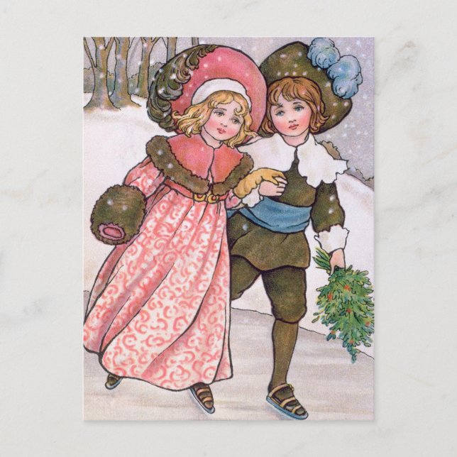 Cartão Postal Girl and boy ice skating - Florence Hardy (Frente)