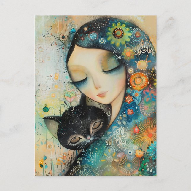 CARTÃO POSTAL GIRL AND CAT ART JIGSAW PUZZLE (Frente)