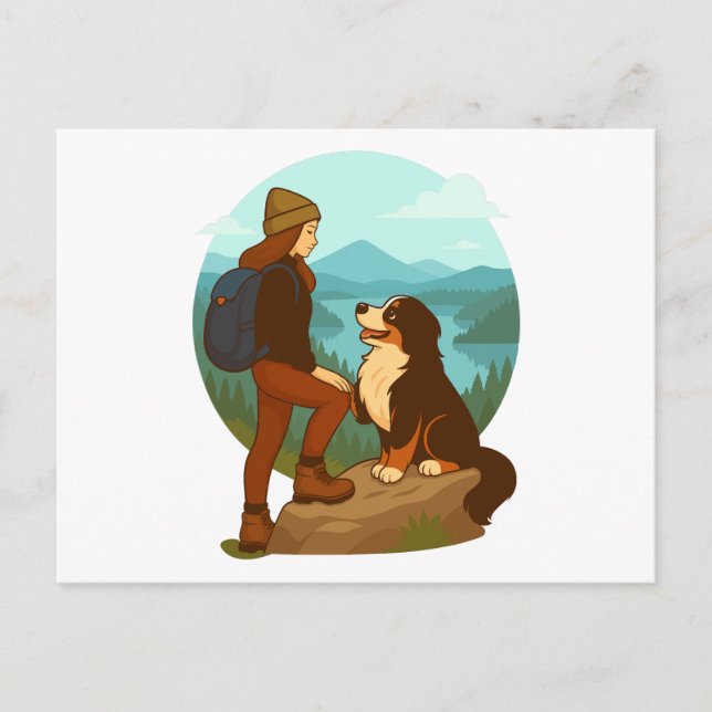 Cartão Postal Girl and Mountain Dog Adventure Illustration (Frente)