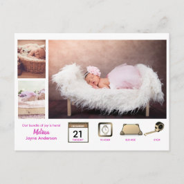 Cartão Postal Girl BABY STATS Foto Collage Modern Pink