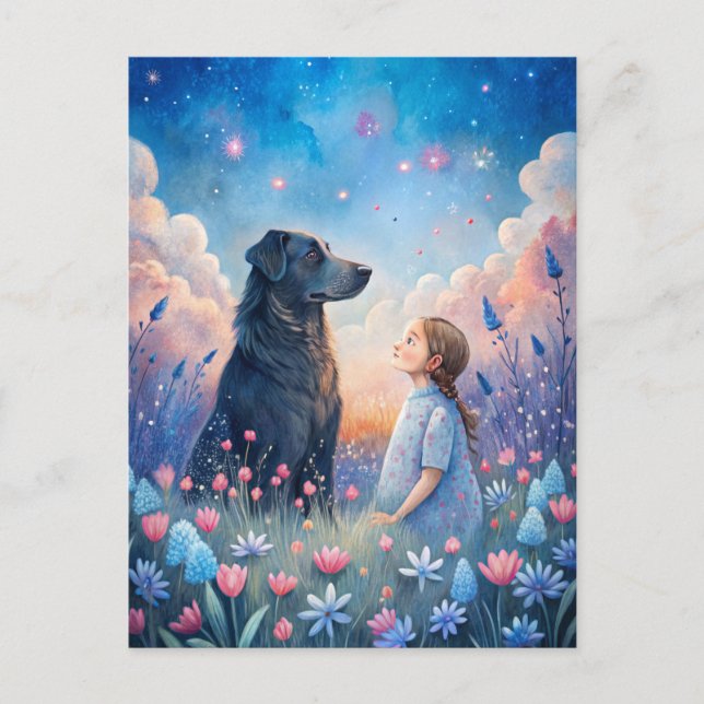 Cartão Postal Girl Black Dog Starry Night Sky (Frente)
