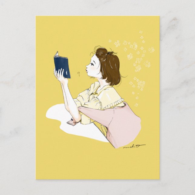 Cartão Postal Girl Reading Watercolor Illustration (Frente)