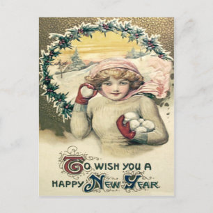 Cartão Postal Girl Snowball Snow Holly Wreath