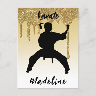 Cartão Postal Girls Karate Stance Glitter Dribler Ombre Dourado