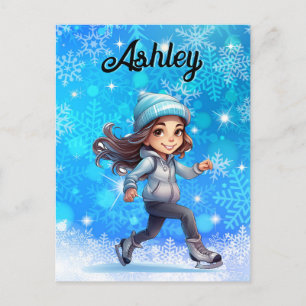Cartão Postal Girls Winter Ice Skate Figura Skate Floco de neve