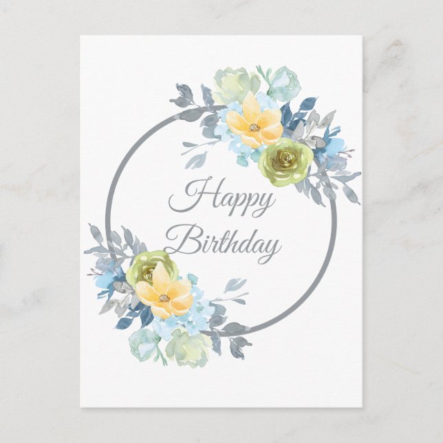 Cartão Postal Girly Blue Floral Wreath Birthday (Frente)