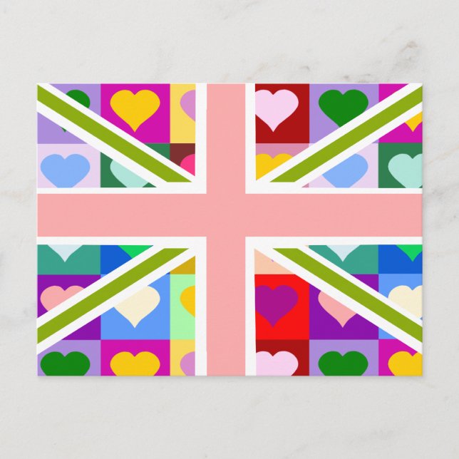Cartão Postal Girly Hearts Union Jack (Frente)