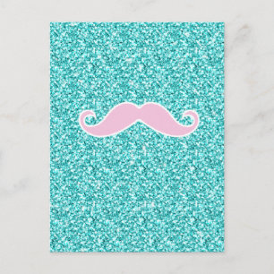 CARTÃO POSTAL GIRLY PINK MUSTACHE NO EFEITO DO GLITTER TEAL