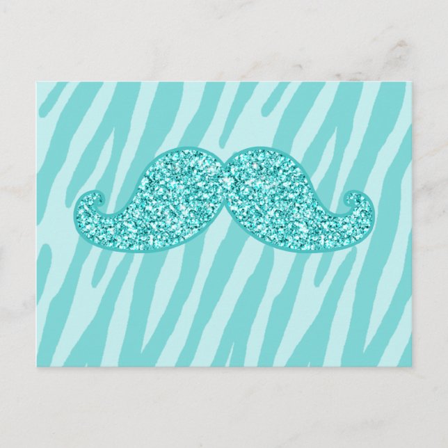 CARTÃO POSTAL GIRLY TEAL GLITTER MUSTACHE ZEBRA STRIPES (Frente)