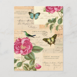 Cartão Postal Girly vintage postcard with roses and butterflies