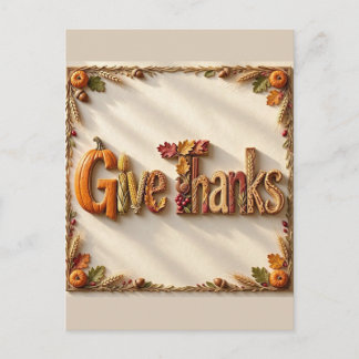 Cartão Postal Give Thanks Harvest Letters in Wheat Frame