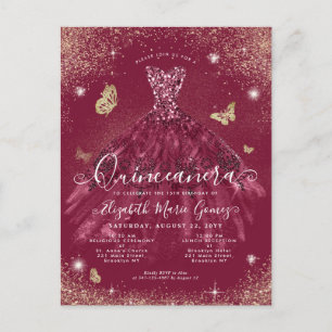 Cartão Postal Glam Burgundy Red Glitter Gown Quinceanera