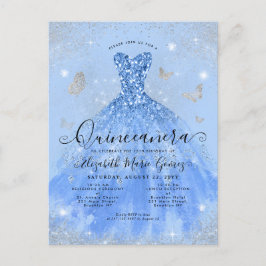 Cartão Postal Glam Dusty Blue Silver Glitter Quinceanera