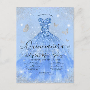 Cartão Postal Glam Dusty Blue Silver Glitter Quinceanera