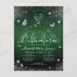 Cartão Postal Glam Emerald Green Silver Glitter Gown Quinceanera