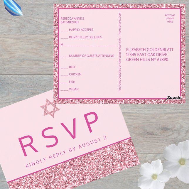 Cartão Postal Glam Pink Simple Modern Bat Mitzvah RSVP (RSVP postcards are a smart option for your Bat Mitzvah celebration)
