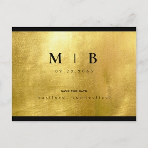Cartão Postal Glam Preto Monograma & Dourado Save the Date Elega