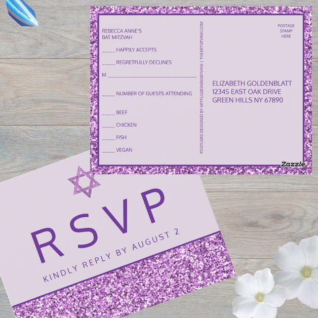 Cartão Postal Glam Purple Simples RSVP para Bat Mitzvah Moderno (What could be easier than these purple glam Bat Mitzvah RSVP postcards)
