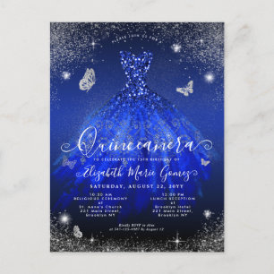Cartão Postal Glam Royal Blue Silver Glitter Gown Quinceanera