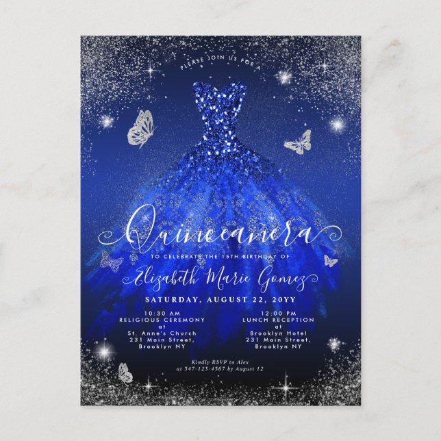 Cartão Postal Glam Royal Blue Silver Glitter Gown Quinceanera (Frente)