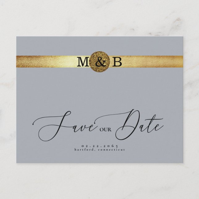 Cartão Postal Glam Silver & Metallic Gold Monogram Save the Date (Frente)