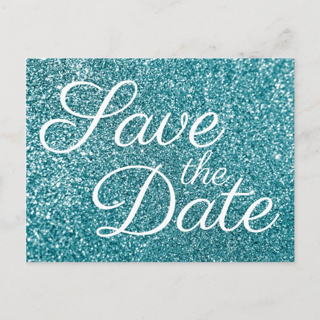 Cartão Postal Glam Teal Glitter Foto Salve a Data (Frente)