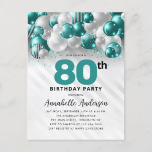 Cartão Postal Glam Teal Silver Balão Glitter 80 Birthday