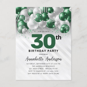 Cartão Postal Glam Verde Prata Balão Brilho 30º Aniversário