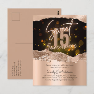 Cartão Postal Glamorosa Folha de Ouro Rosa Brilho Quinceanera 15