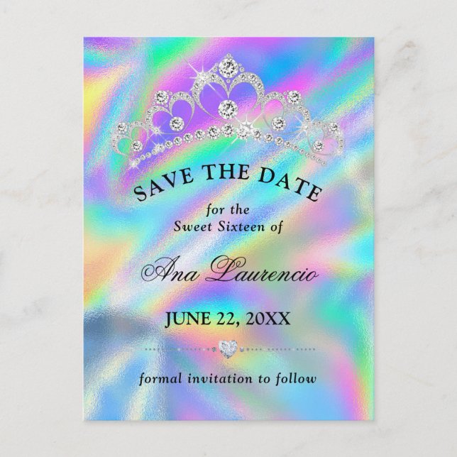 Cartão Postal Glamoroso Falso Holográfico Save The Date Sweet 16 (Frente)