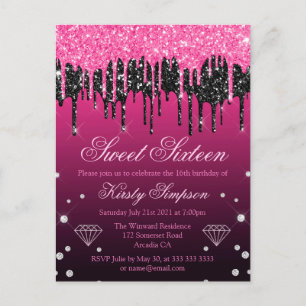 Cartão Postal Glamorous Black & Pink Driping Glitter Sweet 16
