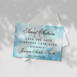 Cartão Postal Glamorous Blue Glitter Sweet 16, salve a data