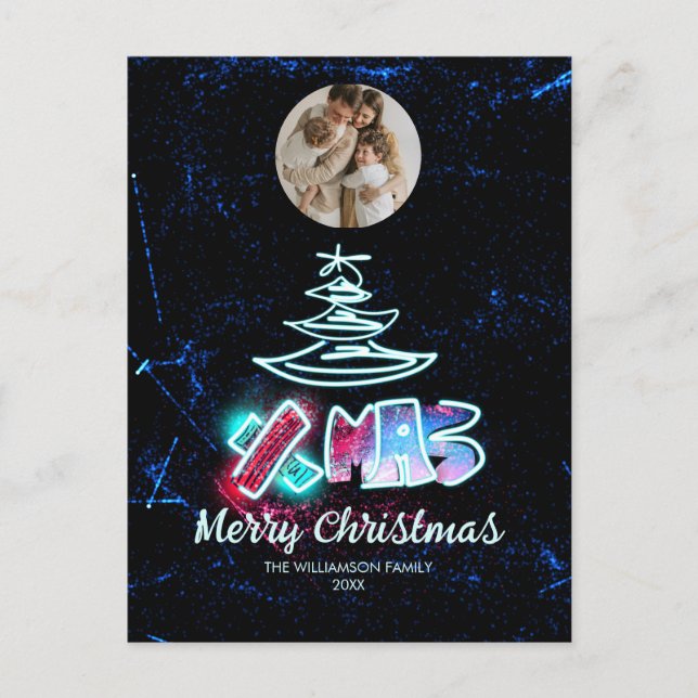 Cartão Postal Glamourous Chic Xmas Blue e Red Glow Tree Foto (Frente)