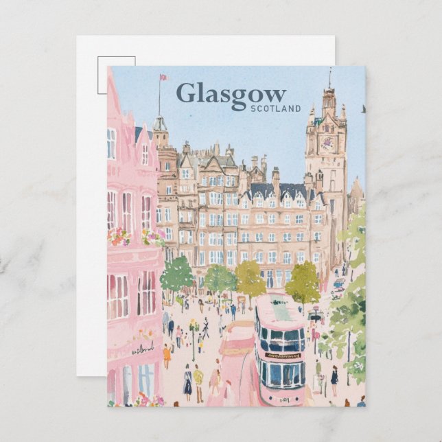 Cartão Postal Glasgow Scotland Gouache Paint Viagem (Frente/Verso)