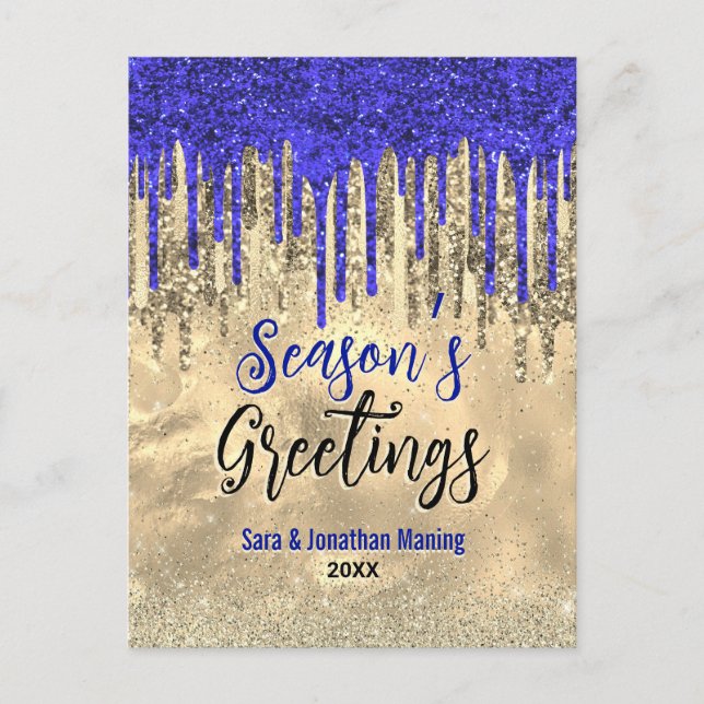 Cartão Postal Glitter de ouro azul chico pinga Natal ano novo (Frente)
