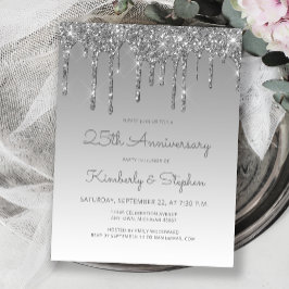 Cartão Postal Glitter Drip Silver 25th Anniversary Invitation