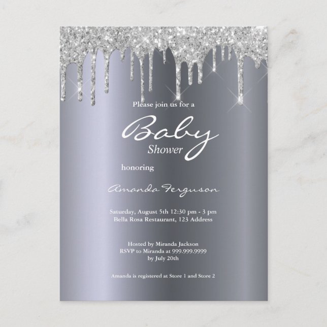 Cartão Postal Glitter prateado gota a gota chá de fraldas (Frente)