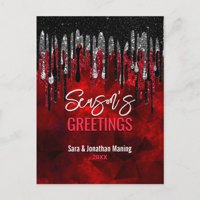 Cartão Postal Glitter preto-chic pinga no Natal ano novo (Frente)