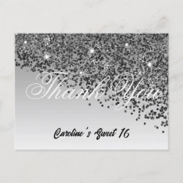 Cartão Postal Glitter Preto, Doce 16 Obrigado