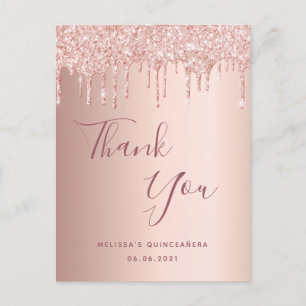 Cartão Postal Glitter rosa de Quinceanera dourado goteja obrigad