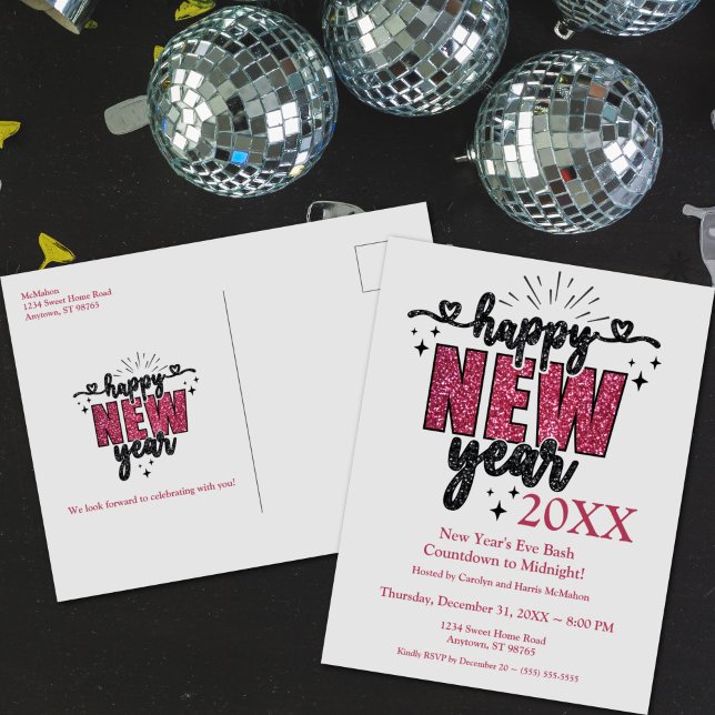 Cartão Postal Glittery New Year Eve Party (Glittery New Year's Eve Party Postcard Invitation)