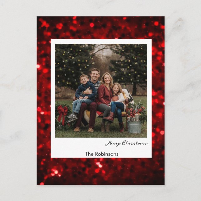 Cartão Postal Glittery Red Background Polaroid Photo Christmas  (Frente)
